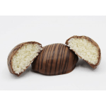 Chocolate-covered coconut candy pieces split open on a white background