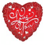 Heart-shaped red rose arrangement with white "I Love You" lettering
