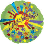 Round congratulatory balloon with colorful stars and "Congratulations!" text