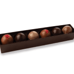 Box of assorted chocolate truffles in a long brown gift box