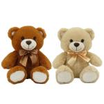 Two teddy bears with satin bows, one brown and one cream
