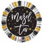 Round black 'Mazel Tov' balloon with yellow stars and black, white, and gold striped border
