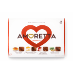 Box of Amoretta milk chocolate pralines with dessert illustrations