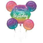 Cluster of rainbow birthday balloons with white curling ribbons