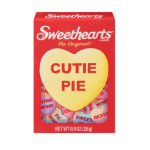 Box of Sweethearts candy with a yellow heart reading "CUTIE PIE"