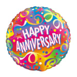 Round foil balloon with "Happy Anniversary" text and colorful confetti design