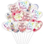 Cluster of heart-shaped Mother's Day balloons with colorful text