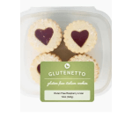Container of heart-shaped raspberry linzer cookies