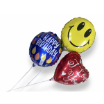 Three foil balloons with birthday and love messages on white sticks