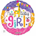 Round balloon with a giraffe and the words New Baby Girl