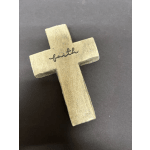 Wooden cross with the word faith on a dark background