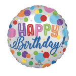 Round birthday balloon with colorful polka dots and "Happy Birthday!" text