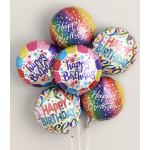 Cluster of colorful birthday balloons with printed messages