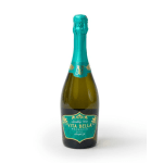 Bottle of Vita Bella Prosecco sparkling wine with teal foil and label on white background