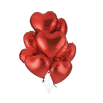 Cluster of red heart-shaped balloons on white background