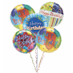 Cluster of colorful Happy Birthday balloons with curling ribbons