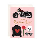 Pink greeting card with a motorcycle, rose, skull, jacket, and sunglasses