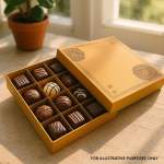 Open box of assorted chocolates in a gold gift box
