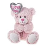 Pink teddy bear holding a silver heart balloon that says I LOVE YOU