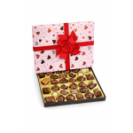 Box of assorted chocolates with a pink heart-patterned lid and red ribbon