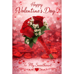 Red rose bouquet with white filler flowers on a pink Valentine’s Day background
