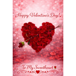Red rose petals arranged in a heart with Valentine's Day text on a pink background.