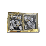 Box of dark chocolate covered nuts with white sprinkles
