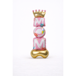 Pink and gold balloon stack spelling MOM with a crown topper