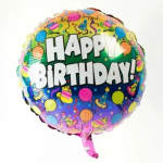 Round colorful foil balloon with Happy Birthday text and party icons
