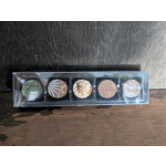 Box of five decorated chocolates in a clear plastic tray