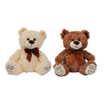 Two teddy bears with bows, one cream and one brown