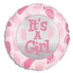 Pink round balloon with "It's A Girl" text and baby footprints