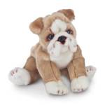 Plush bulldog stuffed animal sitting on a white background