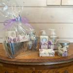 Gift basket with lavender bath products and a candle