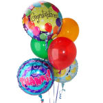 Cluster of colorful congratulatory balloons with two printed foil balloons