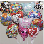 Cluster of colorful foil balloons with birthday, baby, and love messages