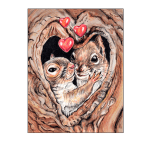 Illustration of two squirrels cuddling inside a tree hollow with heart icons above them