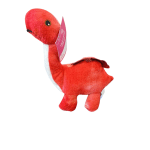 Red plush dinosaur toy with a tag on a white background