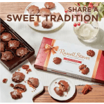 Boxed chocolate pecan candies with plates of pieces on a table