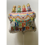 Birthday balloon shaped like a cake with colorful candles