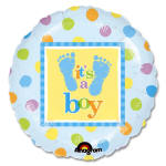Round baby shower balloon with blue footprints and "it's a boy" text