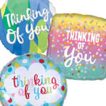 Three colorful thank-you balloons with confetti patterns