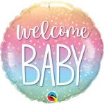 Round pastel balloon with "welcome baby" text and gold polka dots