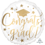 White graduation balloon with gold "Congrats grad!" text and stars
