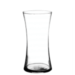 Clear hourglass-shaped glass vase on a white background
