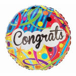 Round foil balloon with colorful confetti pattern and the word "Congrats"