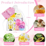 Pink and pastel skincare gift set with hand cream, lip balm, scrunchie and bath bomb in a mesh bag
