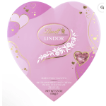 Heart-shaped pink Lindt Lindor chocolate box with gold heart accents