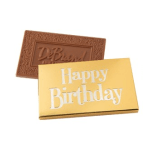 Two birthday chocolate bars, one wrapped in yellow and one in brown