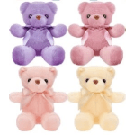 Four pastel teddy bears in purple, pink, peach, and cream